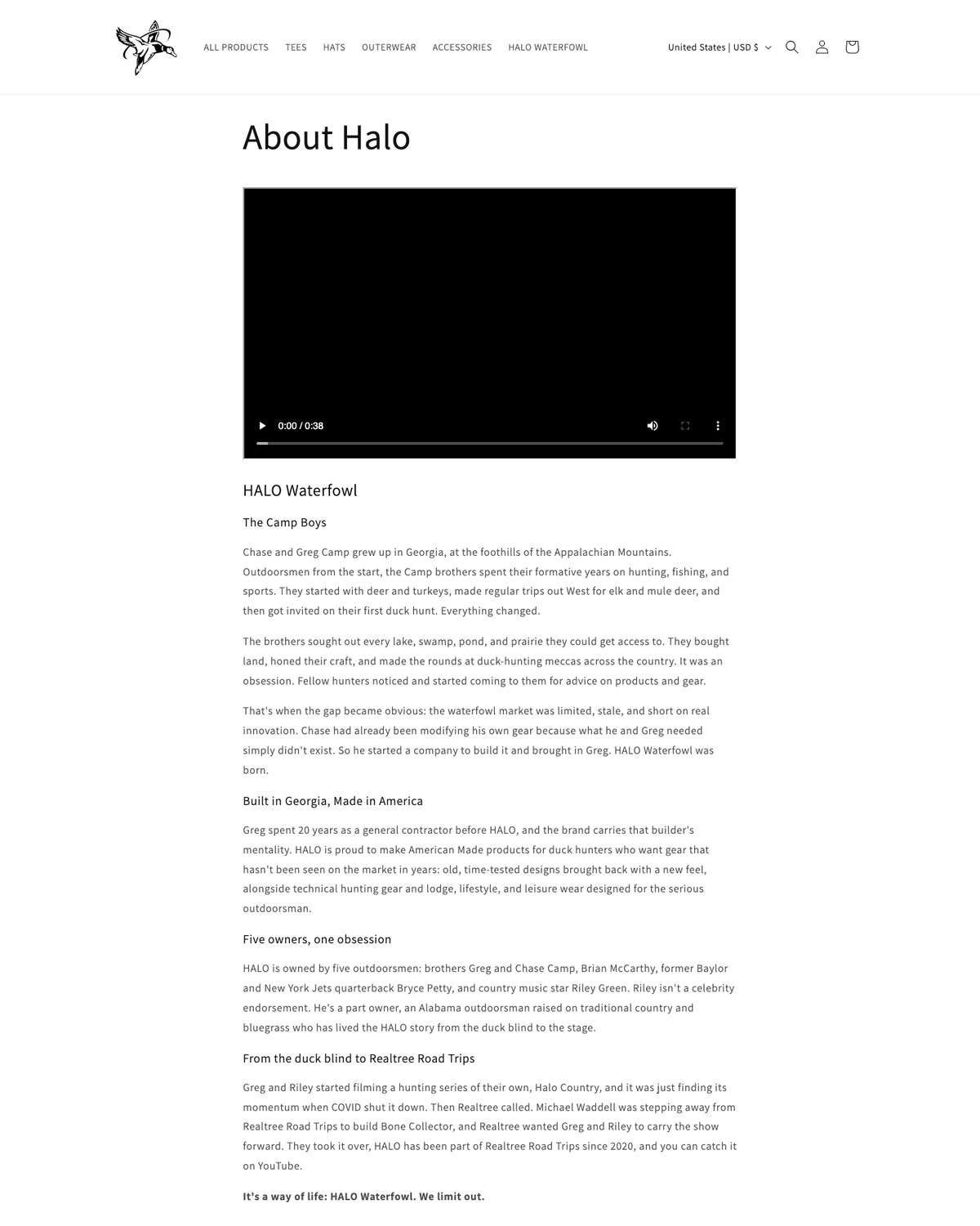 The rewritten HALO Waterfowl About page telling the brand story