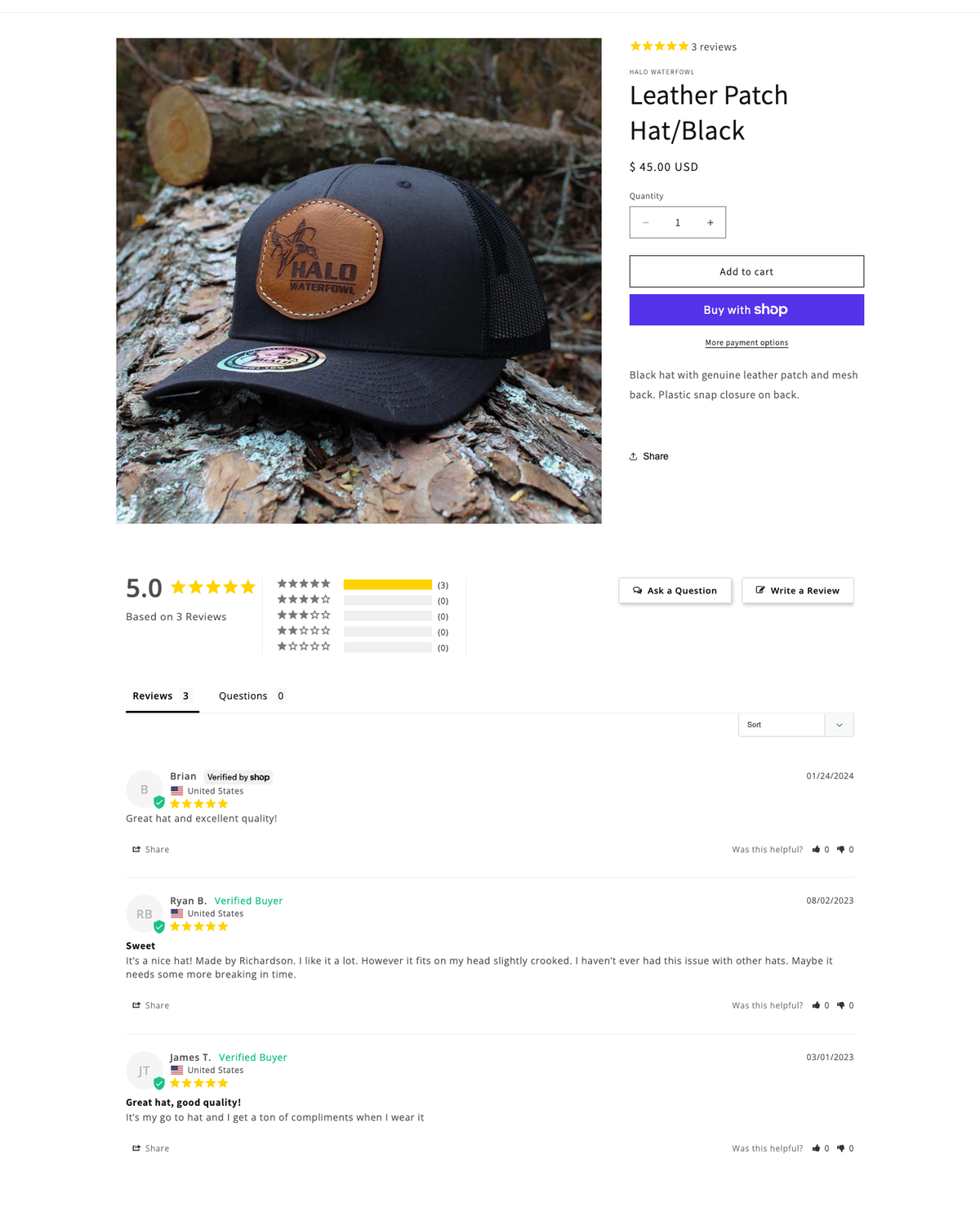 HALO leather patch hat product page showing a 5.0 rating and three verified buyer reviews